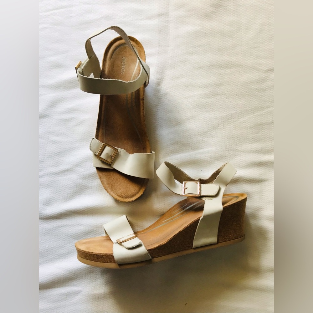 Aetrex Cream Wedge Sandals with Cork Platform